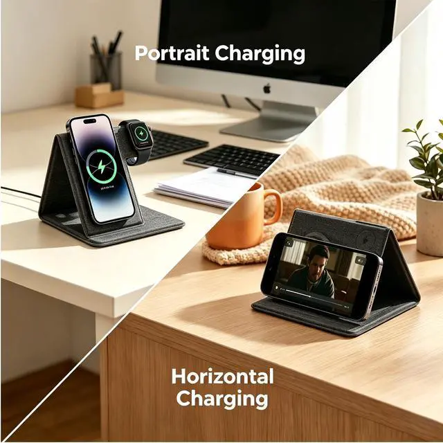 Alt view image 4 of 7 - 3 in 1 Wireless Charging Station, Foldable Wireless Charger Stand for iPhone 15/14/13/12, Apple Watch Series 9/8/7/6/5/4/3/SE, AirPods Pro 2/3, Fabric Portable Travel Charger Dock (Gray)