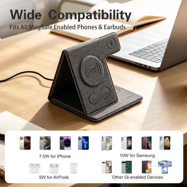 Alt view image 5 of 7 - 3 in 1 Wireless Charging Station, Foldable Wireless Charger Stand for iPhone 15/14/13/12, Apple Watch Series 9/8/7/6/5/4/3/SE, AirPods Pro 2/3, Fabric Portable Travel Charger Dock (Gray)