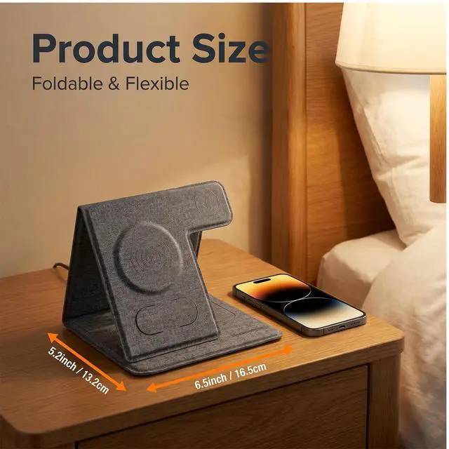 Alt view image 7 of 7 - 3 in 1 Wireless Charging Station, Foldable Wireless Charger Stand for iPhone 15/14/13/12, Apple Watch Series 9/8/7/6/5/4/3/SE, AirPods Pro 2/3, Fabric Portable Travel Charger Dock (Gray)