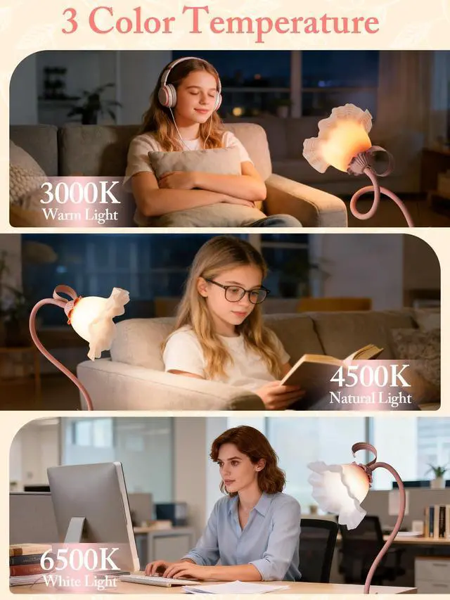 Alt view image 2 of 7 - Pink Flower Table Lamp,Cute Lily Desk Lamp,Vintage LED Reading Light