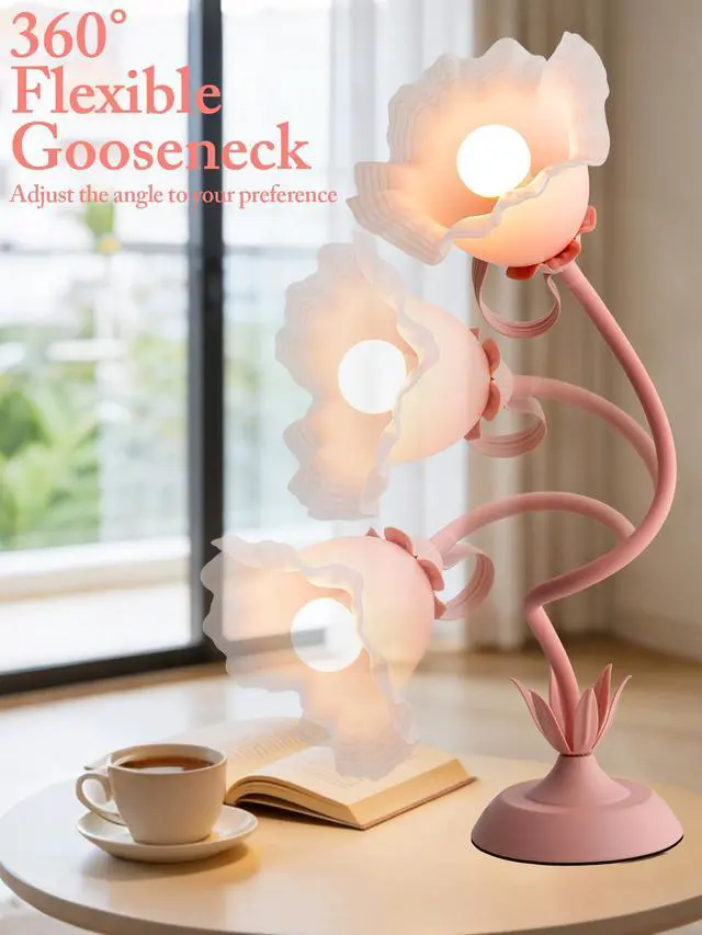 Alt view image 3 of 7 - Pink Flower Table Lamp,Cute Lily Desk Lamp,Vintage LED Reading Light