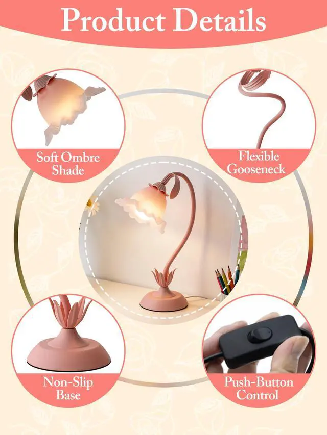 Alt view image 4 of 7 - Pink Flower Table Lamp,Cute Lily Desk Lamp,Vintage LED Reading Light