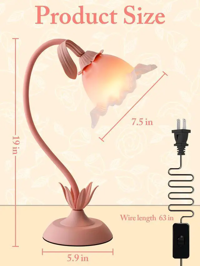 Alt view image 5 of 7 - Pink Flower Table Lamp,Cute Lily Desk Lamp,Vintage LED Reading Light