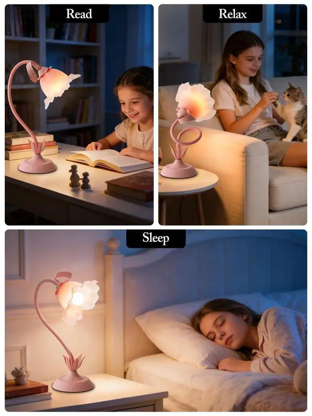Alt view image 6 of 7 - Pink Flower Table Lamp,Cute Lily Desk Lamp,Vintage LED Reading Light