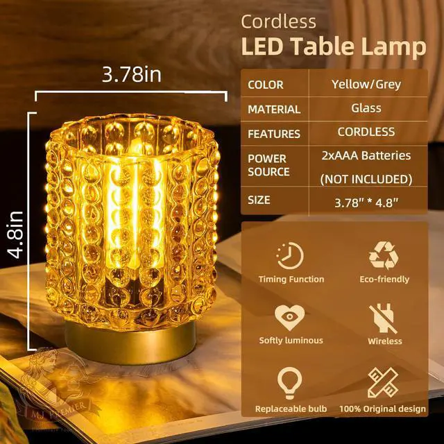 Alt view image 2 of 7 - Battery Operated Lamp with Timer, Mini Crystal Table Lamps for Home Decor, Small Cordless Lamp for Areas No Outlets, Glass Battery Powered Lamps for Entryway, Bedroom, Bathroom, Shelf, Corner(Yellow)