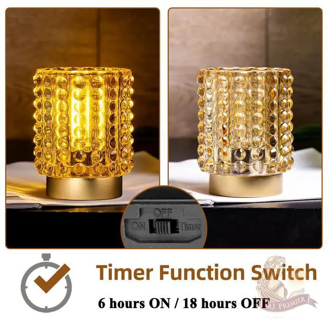 Alt view image 6 of 7 - Battery Operated Lamp with Timer, Mini Crystal Table Lamps for Home Decor, Small Cordless Lamp for Areas No Outlets, Glass Battery Powered Lamps for Entryway, Bedroom, Bathroom, Shelf, Corner(Yellow)