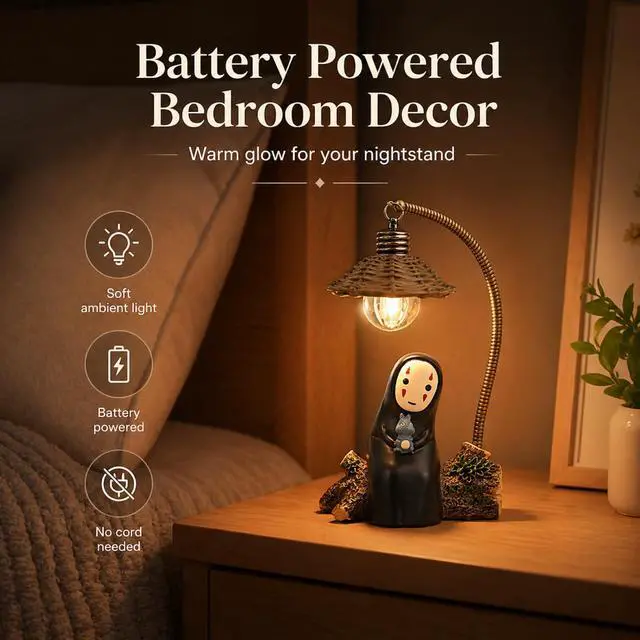 Alt view image 3 of 7 - No Face Lamp, No Face Night Light, Mini Resin Anime Desk Lamp, Battery Operated Cute Room Decor Gift for Bedroom Shelf Office
