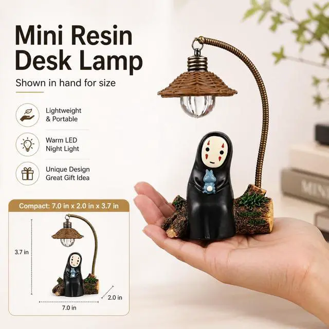 Alt view image 4 of 7 - No Face Lamp, No Face Night Light, Mini Resin Anime Desk Lamp, Battery Operated Cute Room Decor Gift for Bedroom Shelf Office