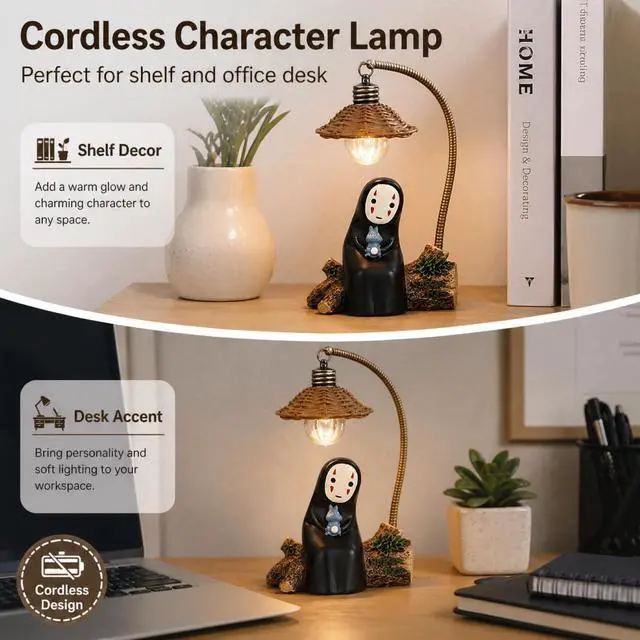 Alt view image 5 of 7 - No Face Lamp, No Face Night Light, Mini Resin Anime Desk Lamp, Battery Operated Cute Room Decor Gift for Bedroom Shelf Office