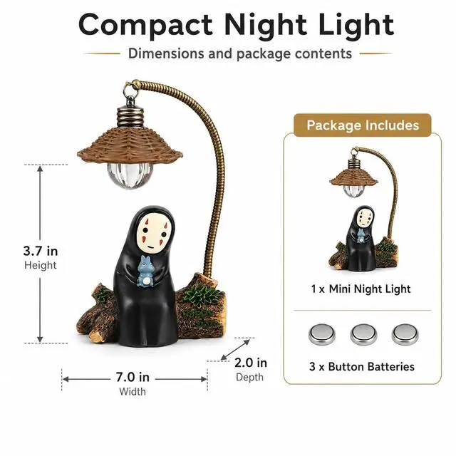 Alt view image 7 of 7 - No Face Lamp, No Face Night Light, Mini Resin Anime Desk Lamp, Battery Operated Cute Room Decor Gift for Bedroom Shelf Office