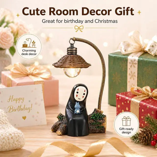 Alt view image 6 of 7 - No Face Lamp, No Face Night Light, Mini Resin Anime Desk Lamp, Battery Operated Cute Room Decor Gift for Bedroom Shelf Office