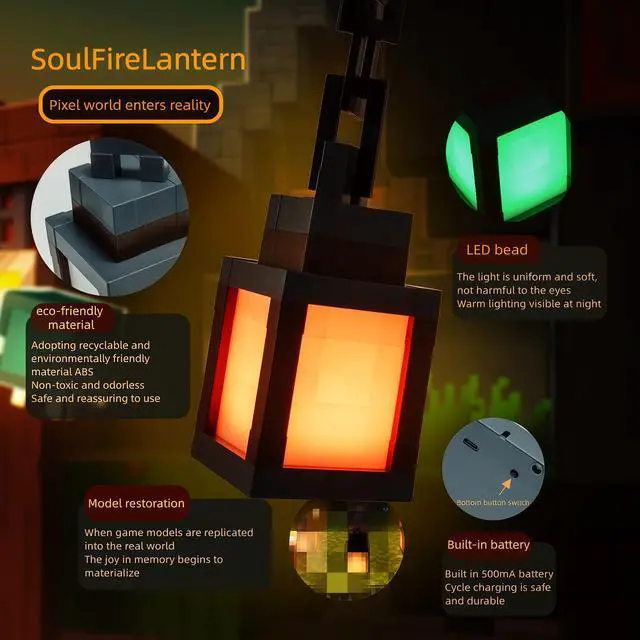 Alt view image 4 of 7 - Pixelated Lantern LED Night Light,16 Colors Rechargeable LED Lamp with Remote, Rechargeable Retro Table/Wall Night Lamp,for Bedroom Gaming Kids ,Home Decoration and Children's Gifts (with Chain)