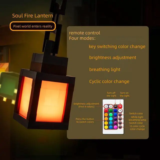 Alt view image 6 of 7 - Pixelated Lantern LED Night Light,16 Colors Rechargeable LED Lamp with Remote, Rechargeable Retro Table/Wall Night Lamp,for Bedroom Gaming Kids ,Home Decoration and Children's Gifts (with Chain)