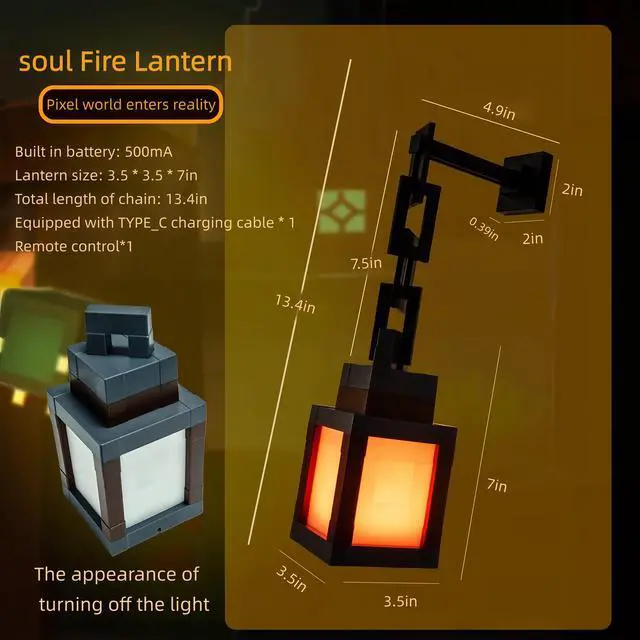 Alt view image 5 of 7 - Pixelated Lantern LED Night Light,16 Colors Rechargeable LED Lamp with Remote, Rechargeable Retro Table/Wall Night Lamp,for Bedroom Gaming Kids ,Home Decoration and Children's Gifts (with Chain)
