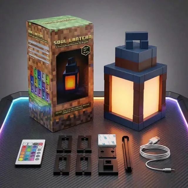 Alt view image 7 of 7 - Pixelated Lantern LED Night Light,16 Colors Rechargeable LED Lamp with Remote, Rechargeable Retro Table/Wall Night Lamp,for Bedroom Gaming Kids ,Home Decoration and Children's Gifts (with Chain)