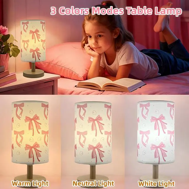 Alt view image 2 of 7 - Pink Bow Table Lamp,3 Colors Bedside Lamp for Kids Bedroom Nightstand Night Light Girls Room Decorative Lights with Cartoon Flaxen Fabric Shade Desk Lamp for Girls Boys Birthday Gifts for Home Decor