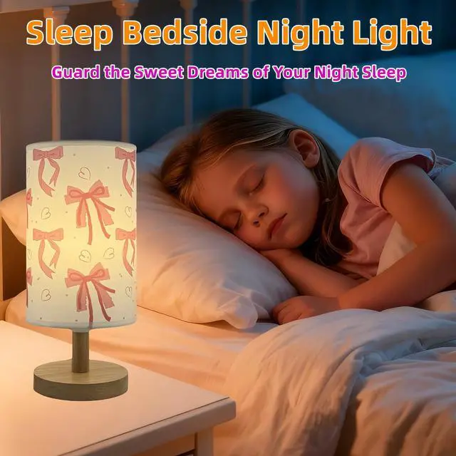 Alt view image 3 of 7 - Pink Bow Table Lamp,3 Colors Bedside Lamp for Kids Bedroom Nightstand Night Light Girls Room Decorative Lights with Cartoon Flaxen Fabric Shade Desk Lamp for Girls Boys Birthday Gifts for Home Decor