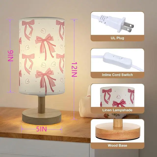 Alt view image 4 of 7 - Pink Bow Table Lamp,3 Colors Bedside Lamp for Kids Bedroom Nightstand Night Light Girls Room Decorative Lights with Cartoon Flaxen Fabric Shade Desk Lamp for Girls Boys Birthday Gifts for Home Decor