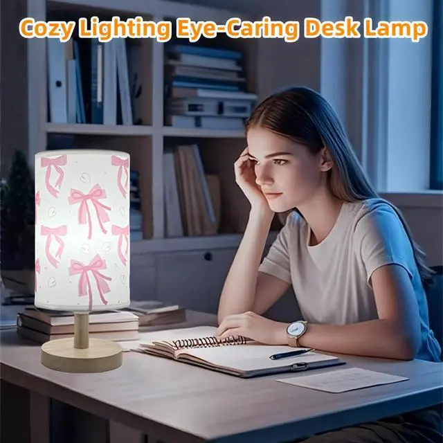 Alt view image 5 of 7 - Pink Bow Table Lamp,3 Colors Bedside Lamp for Kids Bedroom Nightstand Night Light Girls Room Decorative Lights with Cartoon Flaxen Fabric Shade Desk Lamp for Girls Boys Birthday Gifts for Home Decor