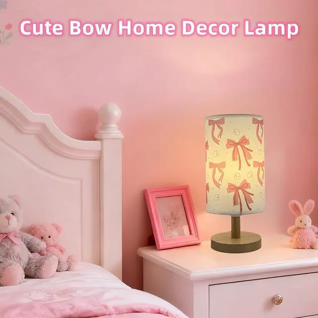Alt view image 6 of 7 - Pink Bow Table Lamp,3 Colors Bedside Lamp for Kids Bedroom Nightstand Night Light Girls Room Decorative Lights with Cartoon Flaxen Fabric Shade Desk Lamp for Girls Boys Birthday Gifts for Home Decor