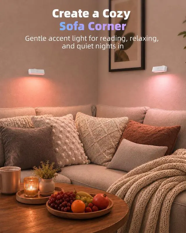 Alt view image 2 of 7 - RGB Wall Sconces Set of 2, Color Changing Battery Operated Wall Lights, 80+ Soft Ambient LED Mood Lighting with Timer, Dimmable Magnetic Bedside Wall Lamp for Bedroom, Headboard, Reading