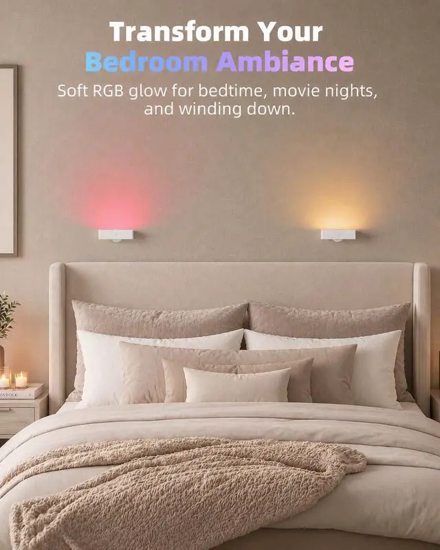 Alt view image 3 of 7 - RGB Wall Sconces Set of 2, Color Changing Battery Operated Wall Lights, 80+ Soft Ambient LED Mood Lighting with Timer, Dimmable Magnetic Bedside Wall Lamp for Bedroom, Headboard, Reading