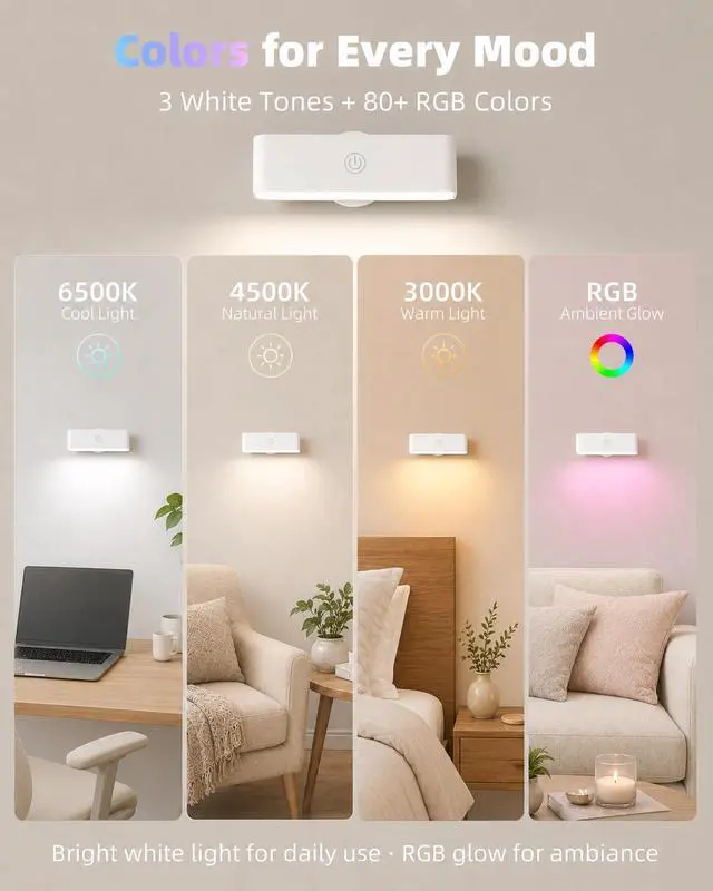 Alt view image 5 of 7 - RGB Wall Sconces Set of 2, Color Changing Battery Operated Wall Lights, 80+ Soft Ambient LED Mood Lighting with Timer, Dimmable Magnetic Bedside Wall Lamp for Bedroom, Headboard, Reading
