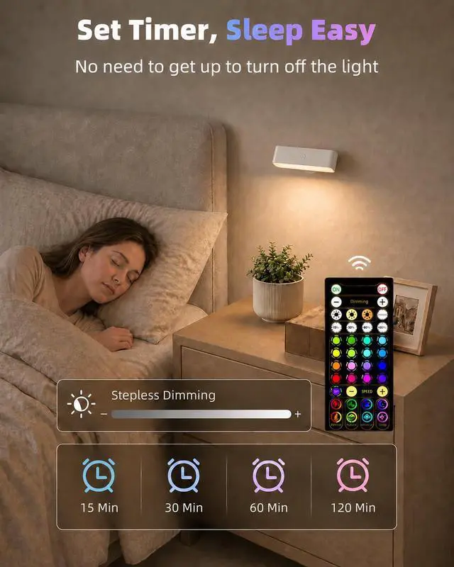 Alt view image 7 of 7 - RGB Wall Sconces Set of 2, Color Changing Battery Operated Wall Lights, 80+ Soft Ambient LED Mood Lighting with Timer, Dimmable Magnetic Bedside Wall Lamp for Bedroom, Headboard, Reading