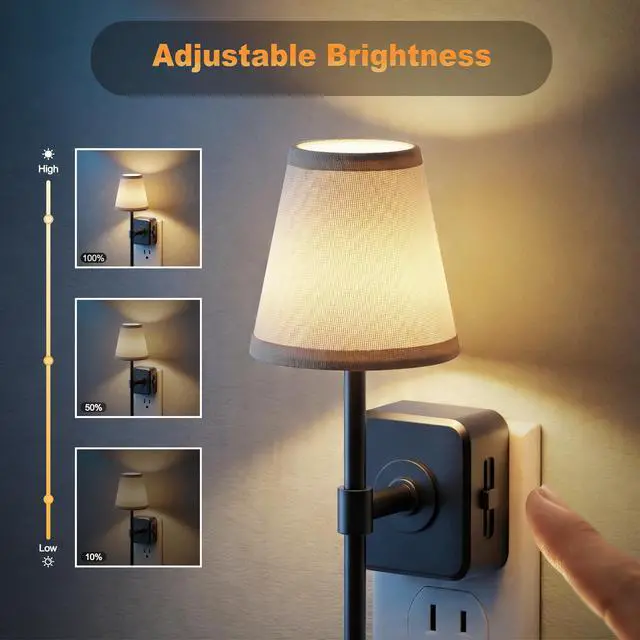 Alt view image 2 of 6 - Night Lights Plug into Wall, Vintage Nightlights, Dusk to Dawn Sensor, 0-100LM Dimmable, Pleated Fabric Beige Lamp for Living Room Bedroom Hallway
