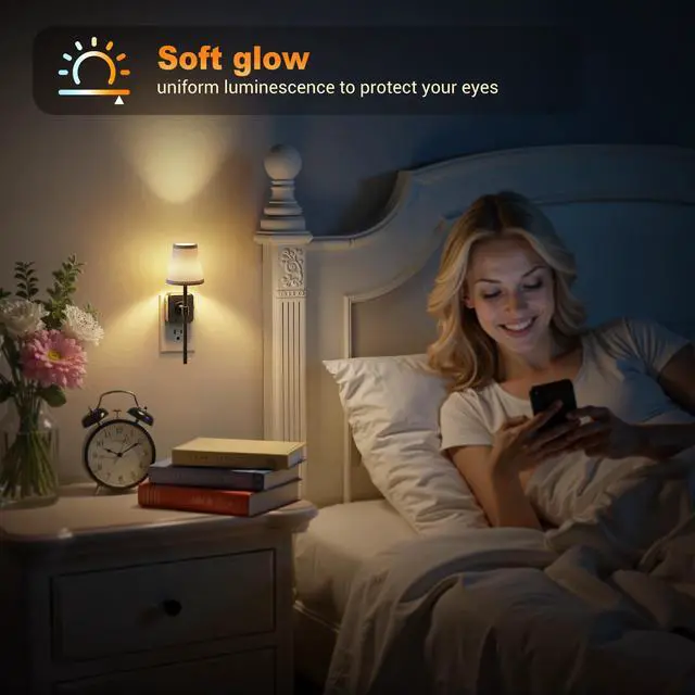 Alt view image 5 of 6 - Night Lights Plug into Wall, Vintage Nightlights, Dusk to Dawn Sensor, 0-100LM Dimmable, Pleated Fabric Beige Lamp for Living Room Bedroom Hallway