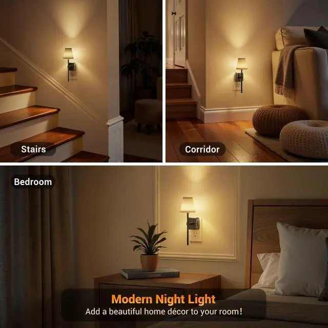 Alt view image 6 of 6 - Night Lights Plug into Wall, Vintage Nightlights, Dusk to Dawn Sensor, 0-100LM Dimmable, Pleated Fabric Beige Lamp for Living Room Bedroom Hallway