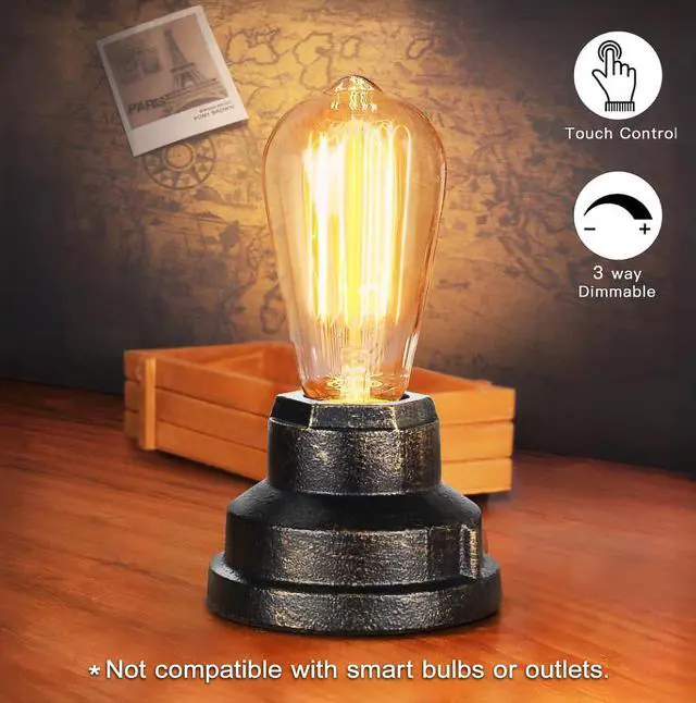 Alt view image 3 of 7 - Small Touch Control Table Lamp Base, Industrial Touch Light Vintage Edison Bulb Base, Dimmable Bedside Nightstand Accent Light for Living Room Bedroom, Antique Steampunk Style