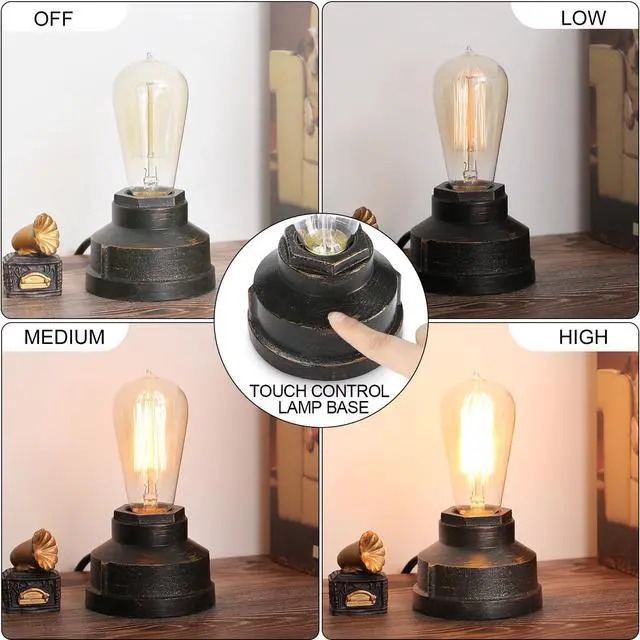 Alt view image 2 of 7 - Small Touch Control Table Lamp Base, Industrial Touch Light Vintage Edison Bulb Base, Dimmable Bedside Nightstand Accent Light for Living Room Bedroom, Antique Steampunk Style