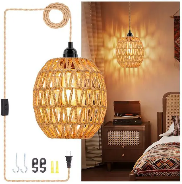 Main image of Plug in Pendant Light Rattan Hanging Lamp - Hanging Lights with Plug in Cord 15ft Pendant Light Fixture with Wicker Lampshade Boho Hanging Lamps for Bedroom Living Room Decor (1-Egg Lampshade)