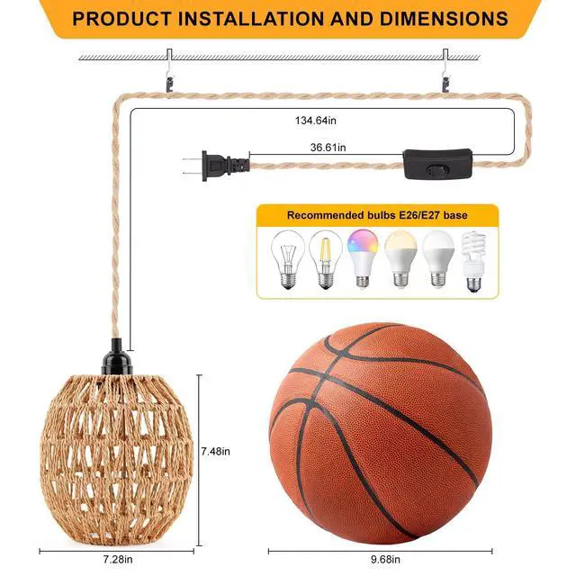 Alt view image 2 of 7 - Plug in Pendant Light Rattan Hanging Lamp - Hanging Lights with Plug in Cord 15ft Pendant Light Fixture with Wicker Lampshade Boho Hanging Lamps for Bedroom Living Room Decor (1-Egg Lampshade)