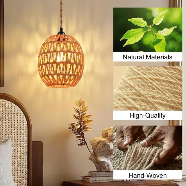 Alt view image 4 of 7 - Plug in Pendant Light Rattan Hanging Lamp - Hanging Lights with Plug in Cord 15ft Pendant Light Fixture with Wicker Lampshade Boho Hanging Lamps for Bedroom Living Room Decor (1-Egg Lampshade)