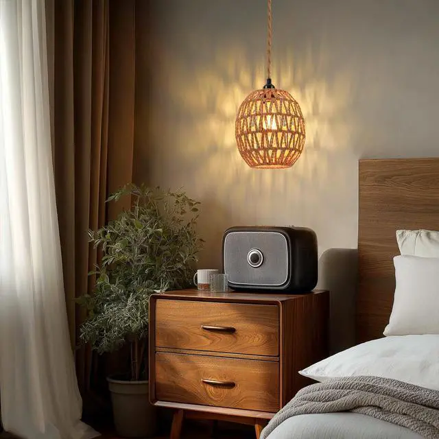 Alt view image 5 of 7 - Plug in Pendant Light Rattan Hanging Lamp - Hanging Lights with Plug in Cord 15ft Pendant Light Fixture with Wicker Lampshade Boho Hanging Lamps for Bedroom Living Room Decor (1-Egg Lampshade)