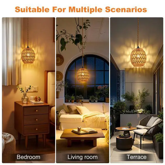 Alt view image 6 of 7 - Plug in Pendant Light Rattan Hanging Lamp - Hanging Lights with Plug in Cord 15ft Pendant Light Fixture with Wicker Lampshade Boho Hanging Lamps for Bedroom Living Room Decor (1-Egg Lampshade)