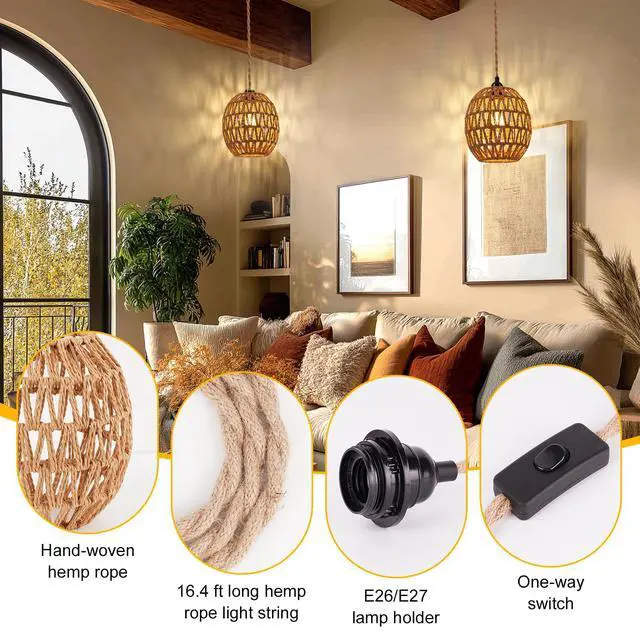 Alt view image 7 of 7 - Plug in Pendant Light Rattan Hanging Lamp - Hanging Lights with Plug in Cord 15ft Pendant Light Fixture with Wicker Lampshade Boho Hanging Lamps for Bedroom Living Room Decor (1-Egg Lampshade)