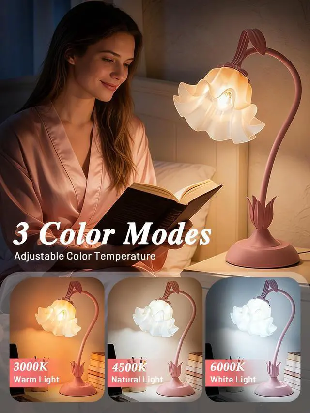 Alt view image 2 of 7 - Bedside Table Lamp for Bedroom, Vintage Flower Table Lamps, LED Reading Light 3 Color Modes Bedside Lamps, Nightstand Lamp Kawaii Desk Lamps for Bedroom Living Room Home Decoration(Pink lamp)