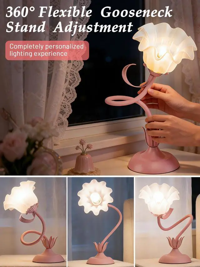 Alt view image 3 of 7 - Bedside Table Lamp for Bedroom, Vintage Flower Table Lamps, LED Reading Light 3 Color Modes Bedside Lamps, Nightstand Lamp Kawaii Desk Lamps for Bedroom Living Room Home Decoration(Pink lamp)