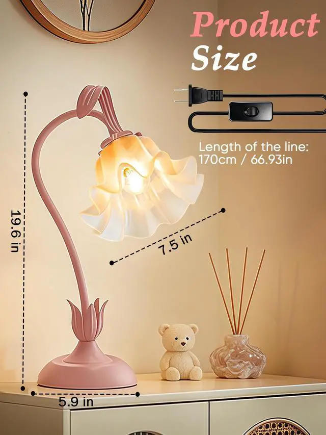 Alt view image 4 of 7 - Bedside Table Lamp for Bedroom, Vintage Flower Table Lamps, LED Reading Light 3 Color Modes Bedside Lamps, Nightstand Lamp Kawaii Desk Lamps for Bedroom Living Room Home Decoration(Pink lamp)