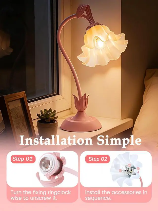 Alt view image 6 of 7 - Bedside Table Lamp for Bedroom, Vintage Flower Table Lamps, LED Reading Light 3 Color Modes Bedside Lamps, Nightstand Lamp Kawaii Desk Lamps for Bedroom Living Room Home Decoration(Pink lamp)