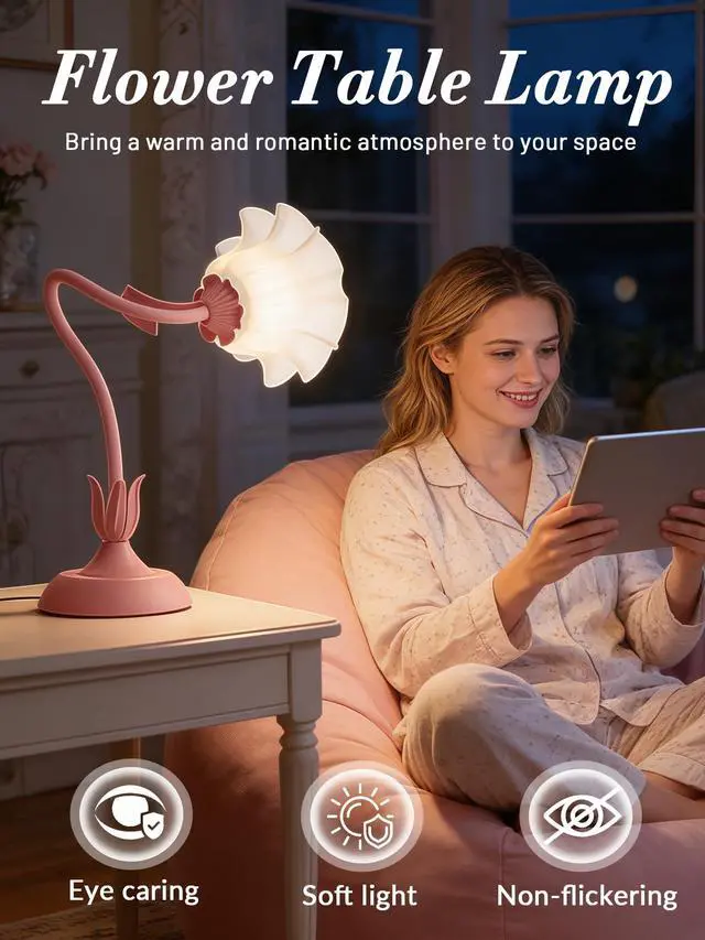 Alt view image 5 of 7 - Bedside Table Lamp for Bedroom, Vintage Flower Table Lamps, LED Reading Light 3 Color Modes Bedside Lamps, Nightstand Lamp Kawaii Desk Lamps for Bedroom Living Room Home Decoration(Pink lamp)
