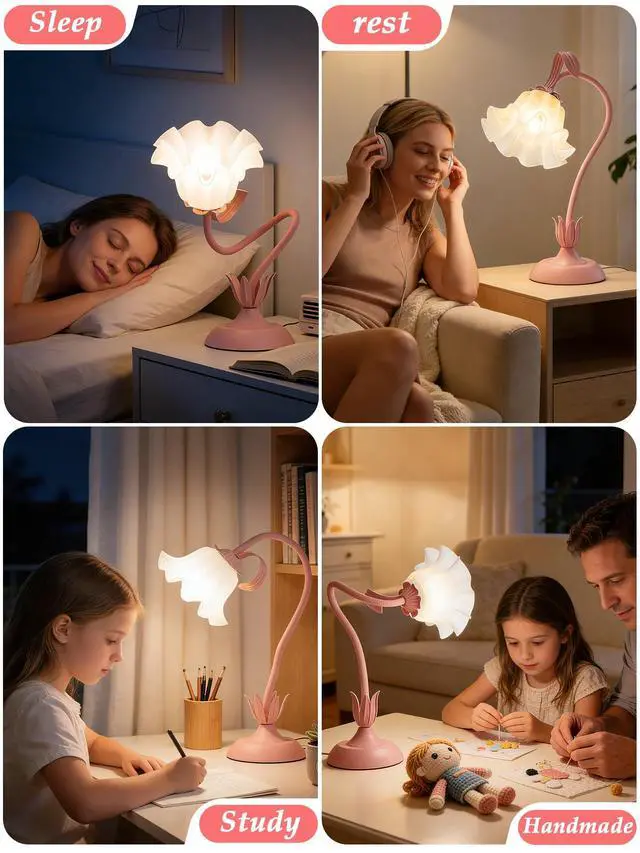 Alt view image 7 of 7 - Bedside Table Lamp for Bedroom, Vintage Flower Table Lamps, LED Reading Light 3 Color Modes Bedside Lamps, Nightstand Lamp Kawaii Desk Lamps for Bedroom Living Room Home Decoration(Pink lamp)