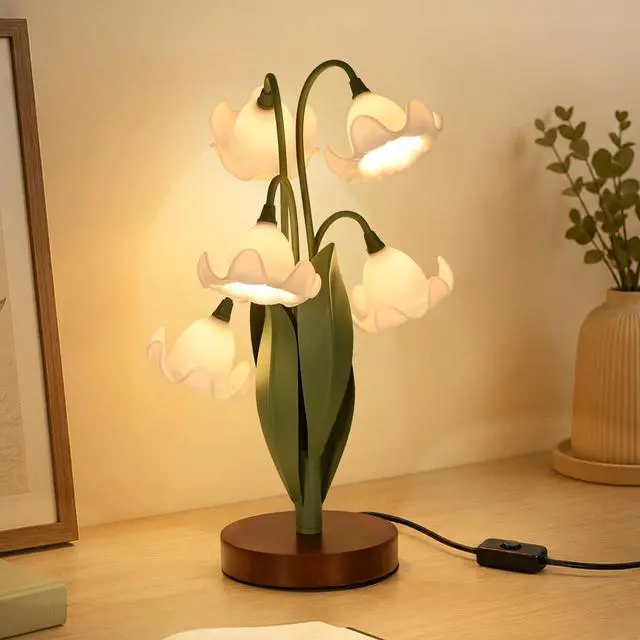 Main image of Flower Table Lamp for Bedroom, Cute Reading Light with 5 White Magnolia Flower of The Valley, Desk Lamp Bedside Lamps for Nightstands Home Decor,Soft Reading Night Light for Bedroom Living Room Office