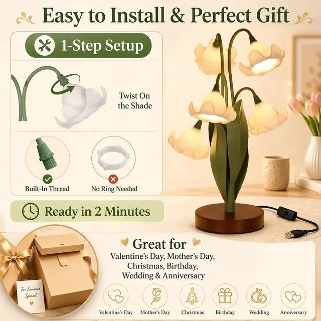 Alt view image 2 of 7 - Flower Table Lamp for Bedroom, Cute Reading Light with 5 White Magnolia Flower of The Valley, Desk Lamp Bedside Lamps for Nightstands Home Decor,Soft Reading Night Light for Bedroom Living Room Office