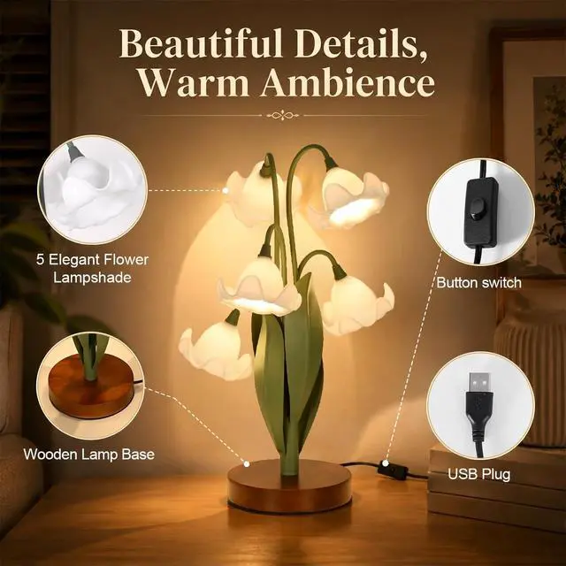 Alt view image 4 of 7 - Flower Table Lamp for Bedroom, Cute Reading Light with 5 White Magnolia Flower of The Valley, Desk Lamp Bedside Lamps for Nightstands Home Decor,Soft Reading Night Light for Bedroom Living Room Office