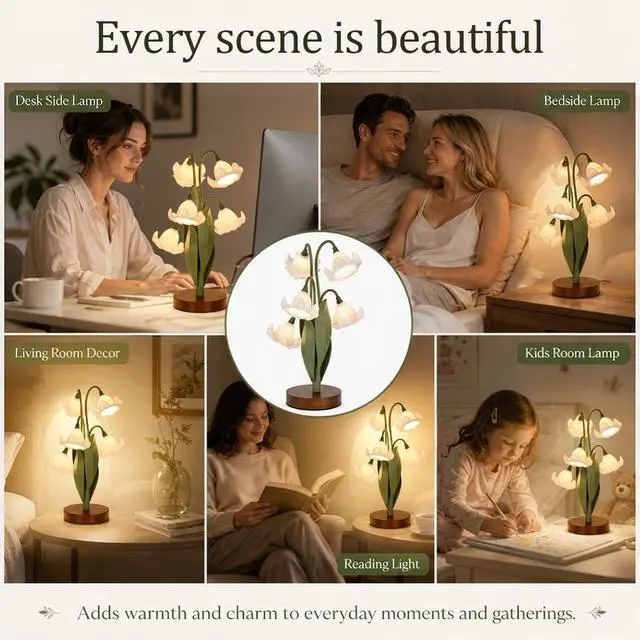 Alt view image 7 of 7 - Flower Table Lamp for Bedroom, Cute Reading Light with 5 White Magnolia Flower of The Valley, Desk Lamp Bedside Lamps for Nightstands Home Decor,Soft Reading Night Light for Bedroom Living Room Office