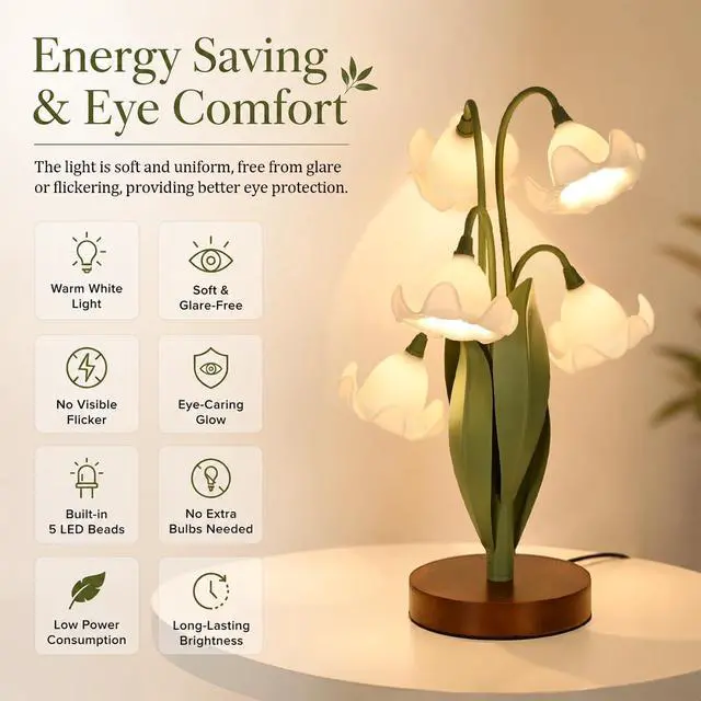 Alt view image 5 of 7 - Flower Table Lamp for Bedroom, Cute Reading Light with 5 White Magnolia Flower of The Valley, Desk Lamp Bedside Lamps for Nightstands Home Decor,Soft Reading Night Light for Bedroom Living Room Office